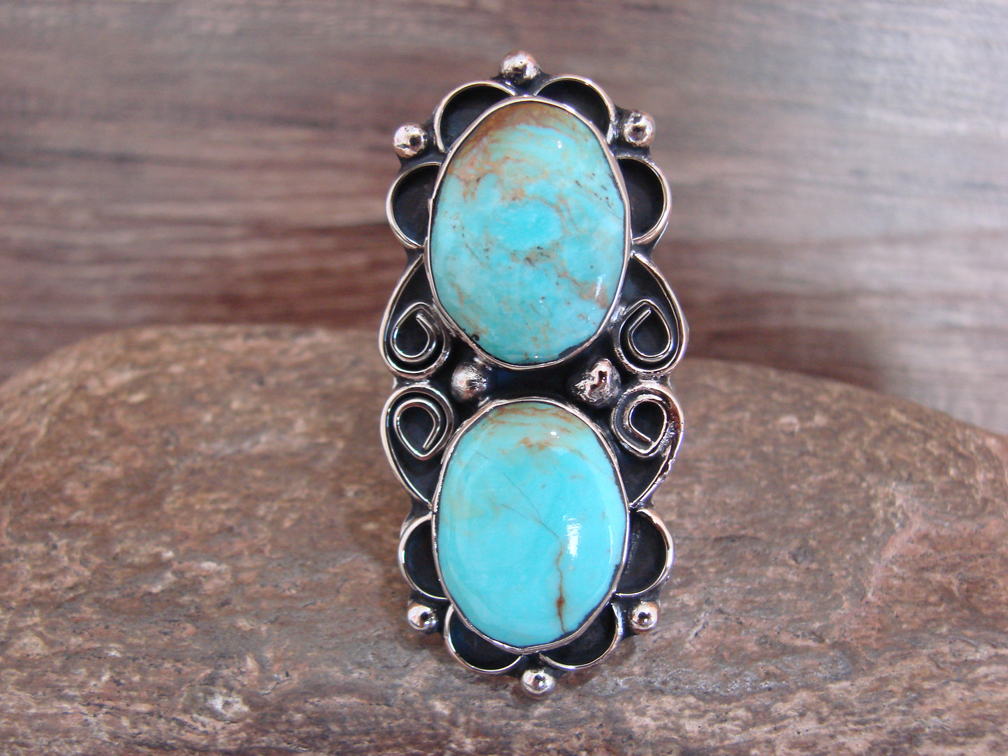 Native American Nickel Silver & Turquoise Adjustable Ring by Cleveland - Size 8 - 10