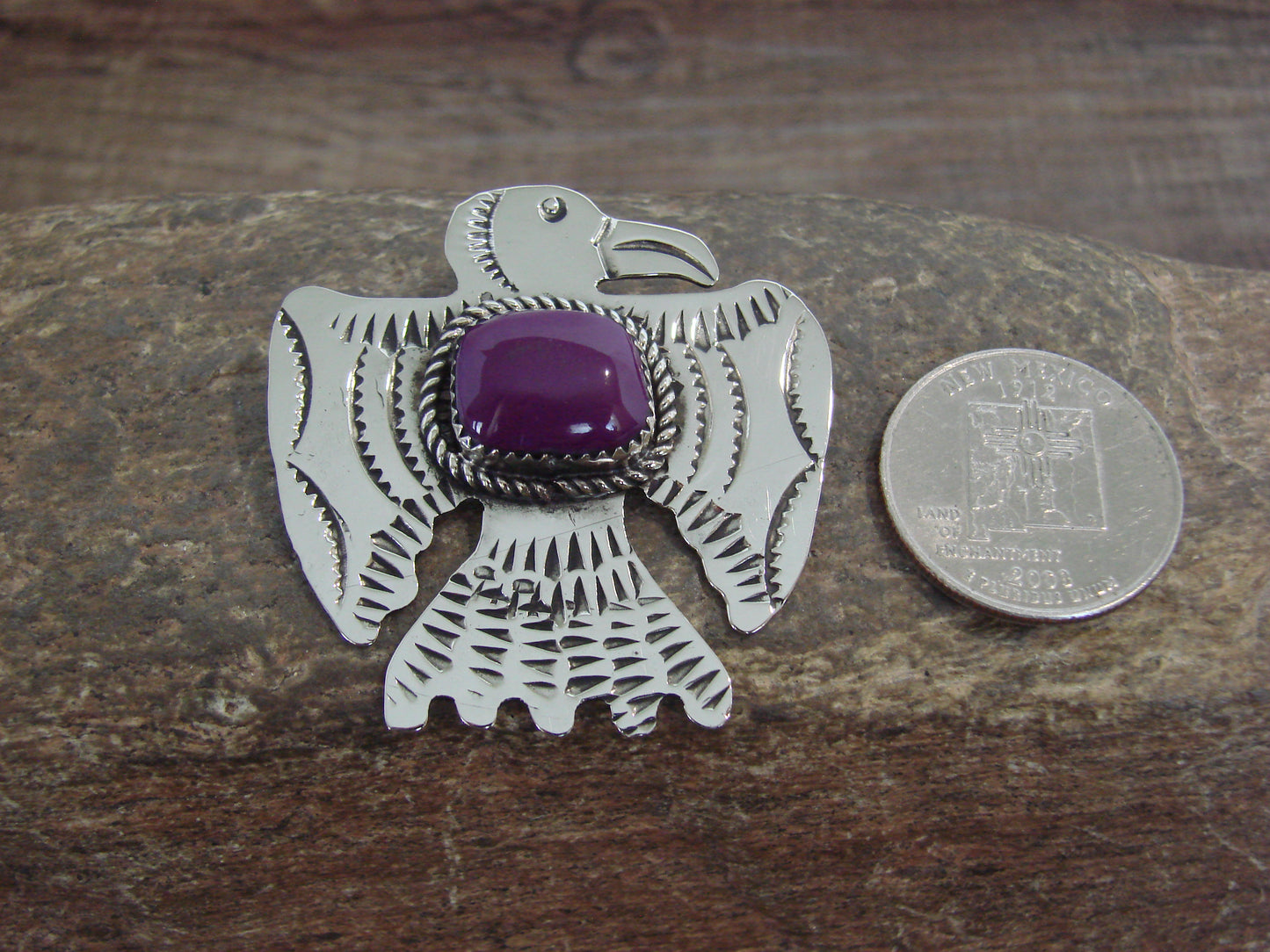 Native American Nickel Silver & Purple Spiny Oyster Thunderbird Pendant - Cleveland