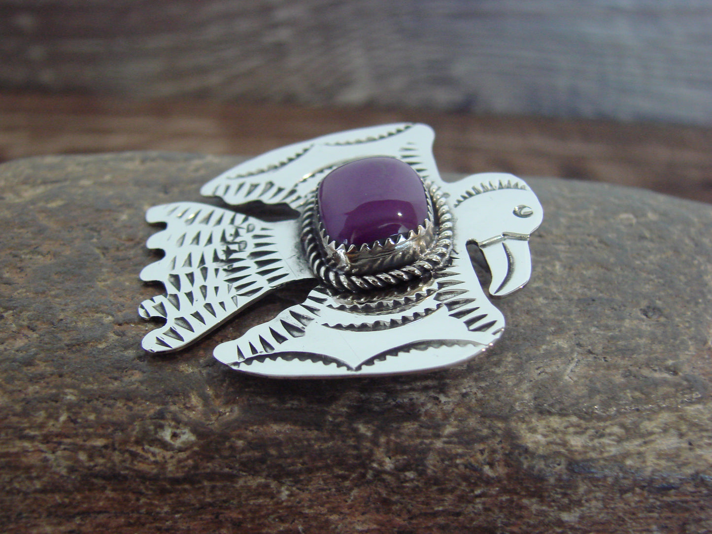 Native American Nickel Silver & Purple Spiny Oyster Thunderbird Pendant - Cleveland
