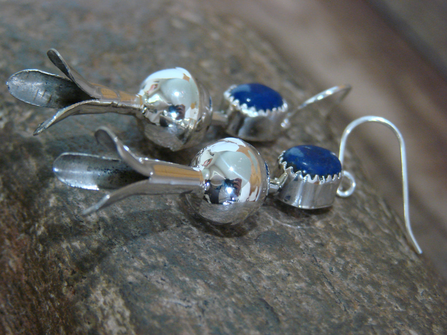 Native American Sterling Silver Lapis Squash Blossom Dangle Earrings - Tsosie