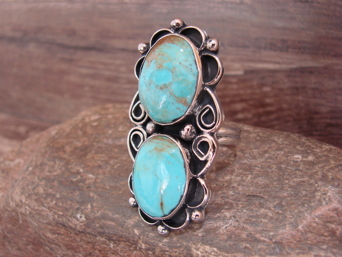 Native American Nickel Silver & Turquoise Adjustable Ring by Cleveland - Size 8 - 10