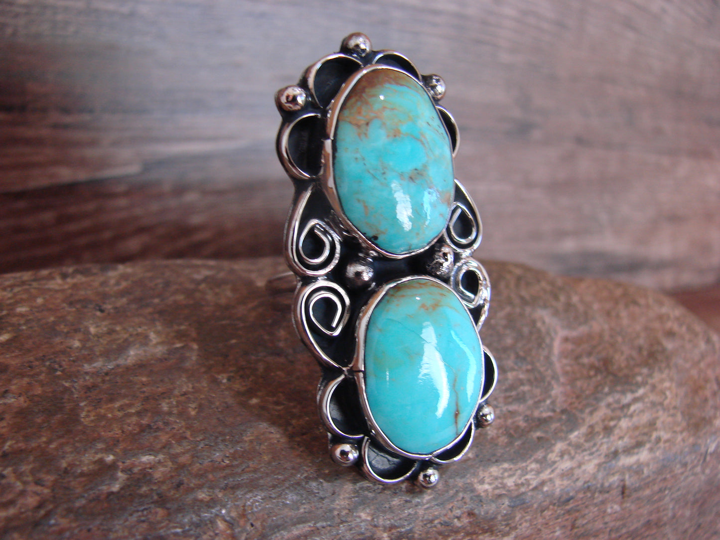 Native American Nickel Silver & Turquoise Adjustable Ring by Cleveland - Size 8 - 10