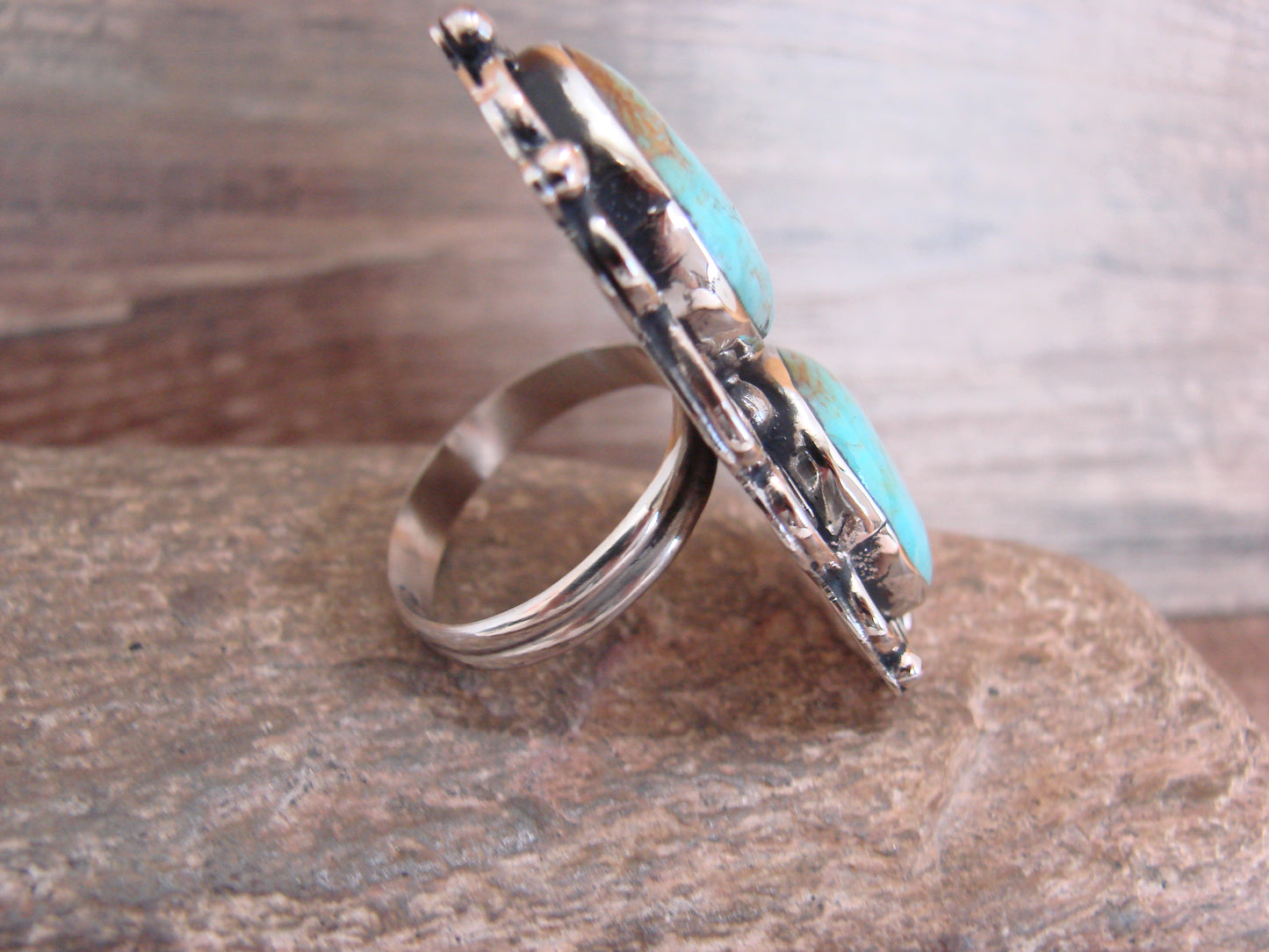Native American Nickel Silver & Turquoise Adjustable Ring by Cleveland - Size 8 - 10