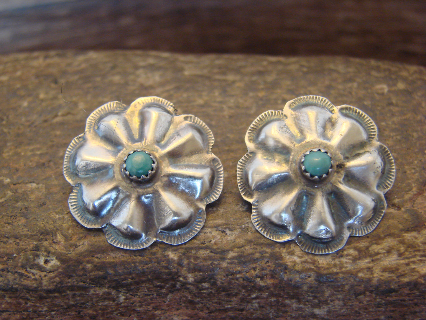 Native American Sterling Silver & Turquoise Concho Post Earrings - Begay