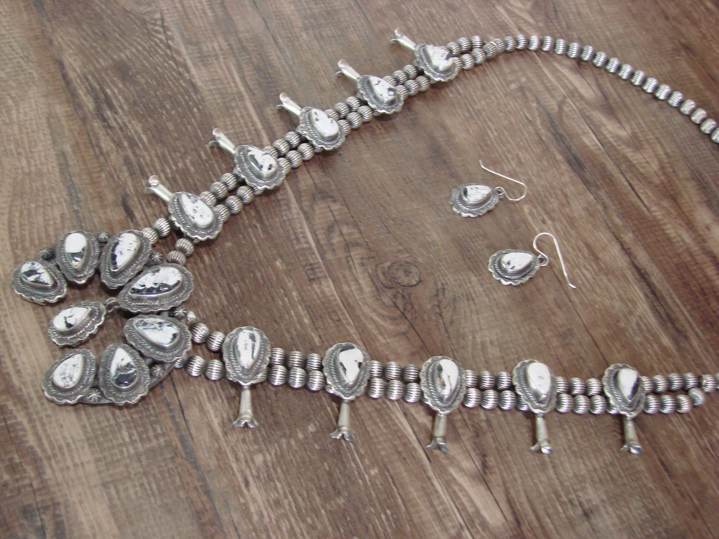 Native American Sterling Silver & White Buffalo Turquoise Squash Blossom Set by Francisco