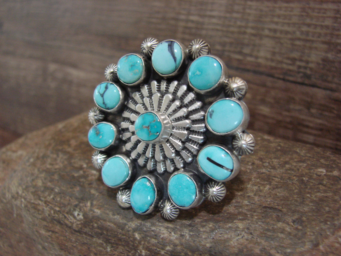 Native American Sterling Silver & Turquoise Cluster Ring - Lewis - Size 10
