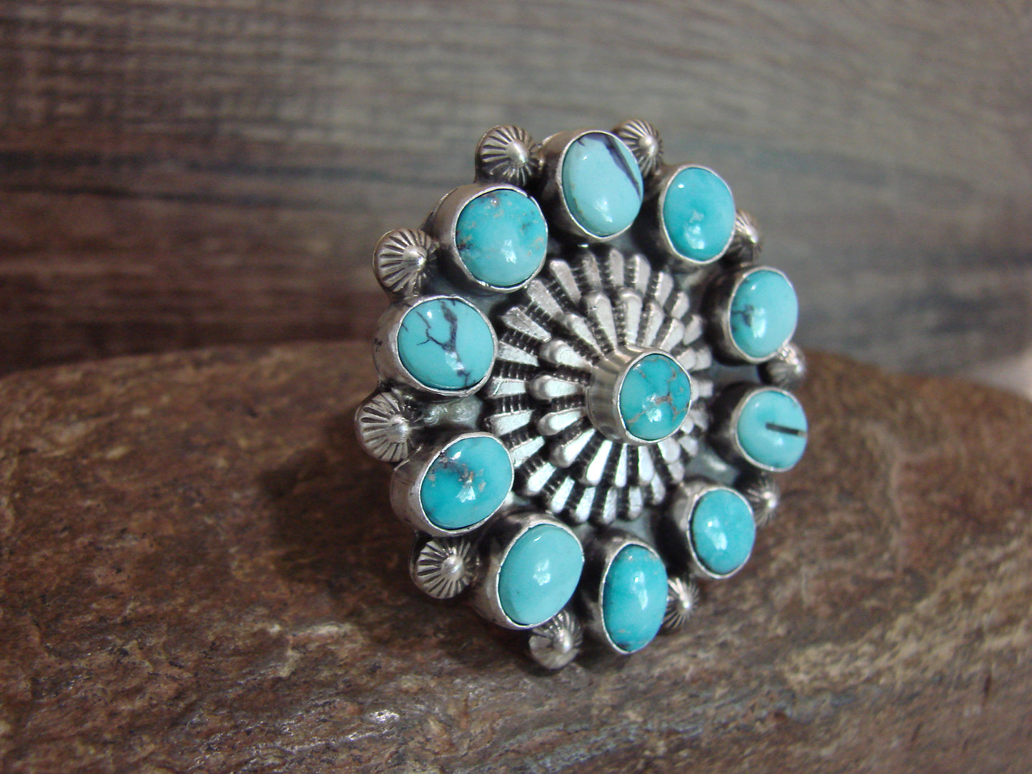Native American Sterling Silver & Turquoise Cluster Ring - Lewis - Size 10