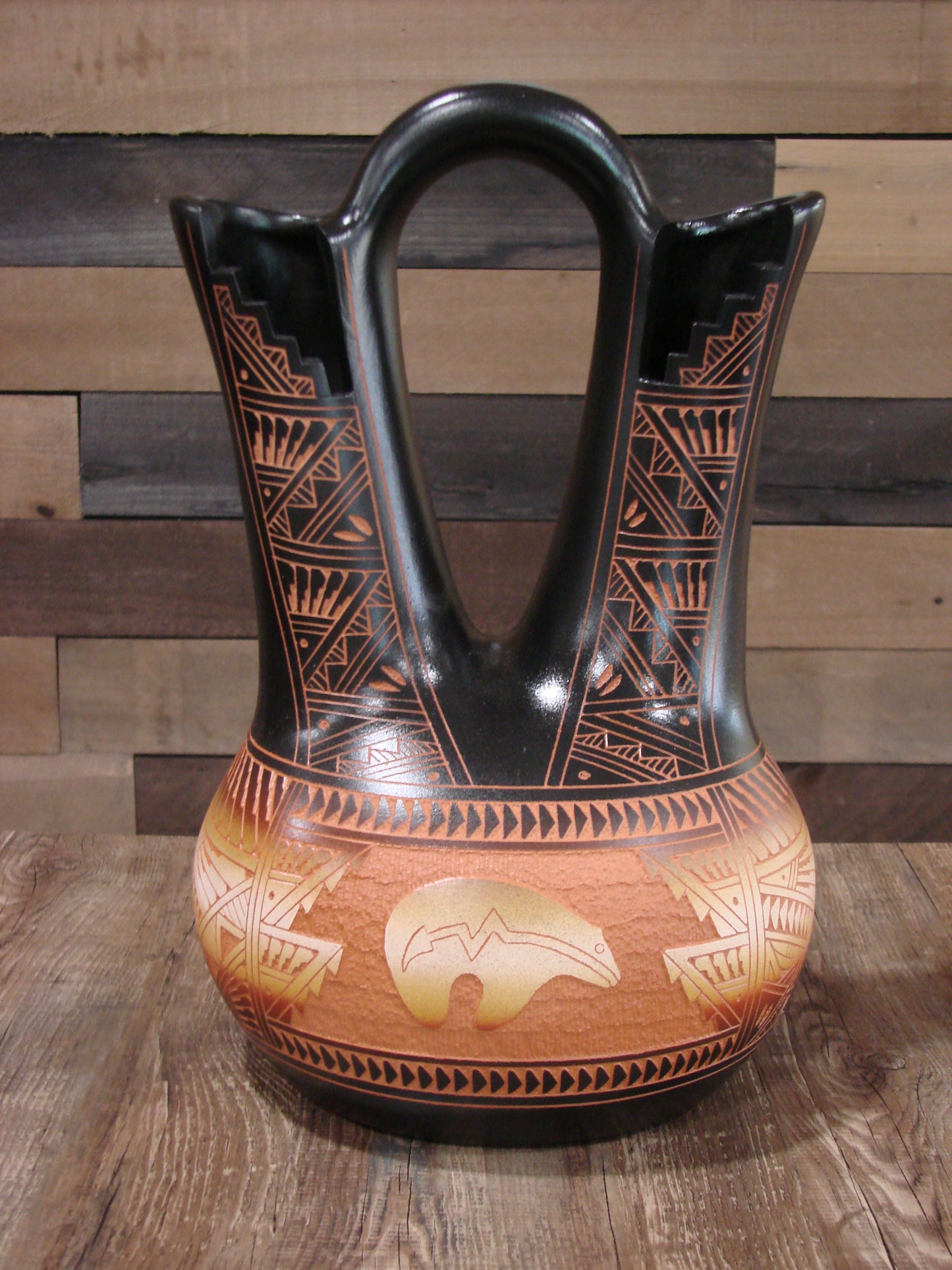 Native American Hand Etched Bear Wedding Vase by Aragon