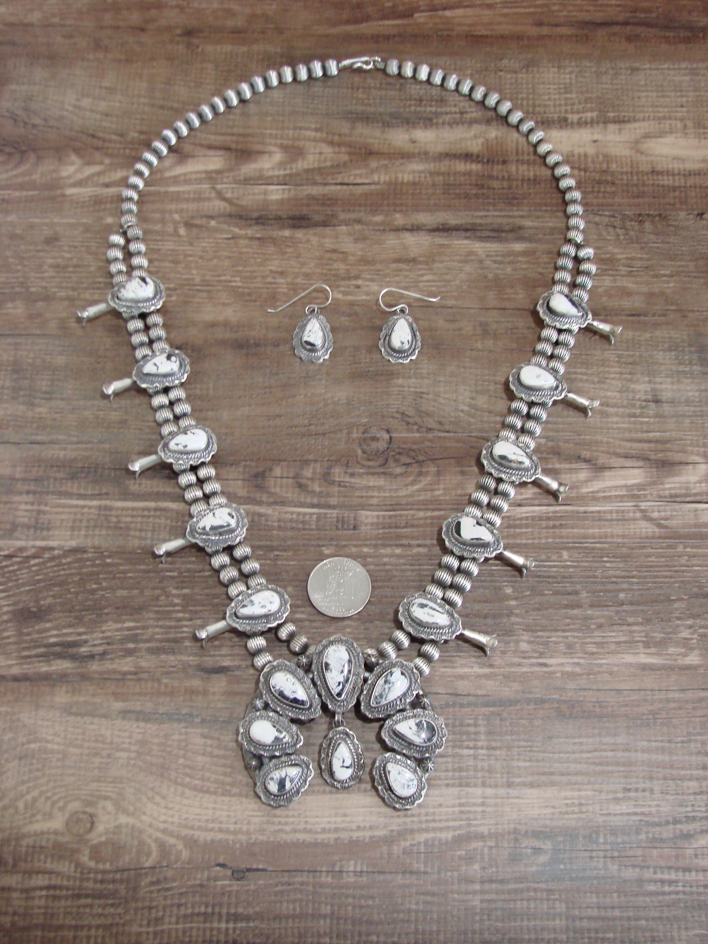 Native American Sterling Silver & White Buffalo Turquoise Squash Blossom Set by Francisco