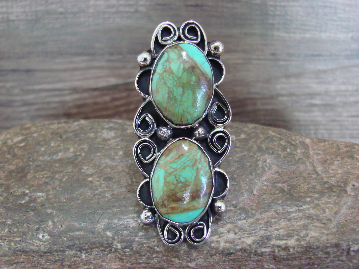 Native American Nickel Silver & Turquoise Adjustable Ring by Cleveland - Size 8 - 10