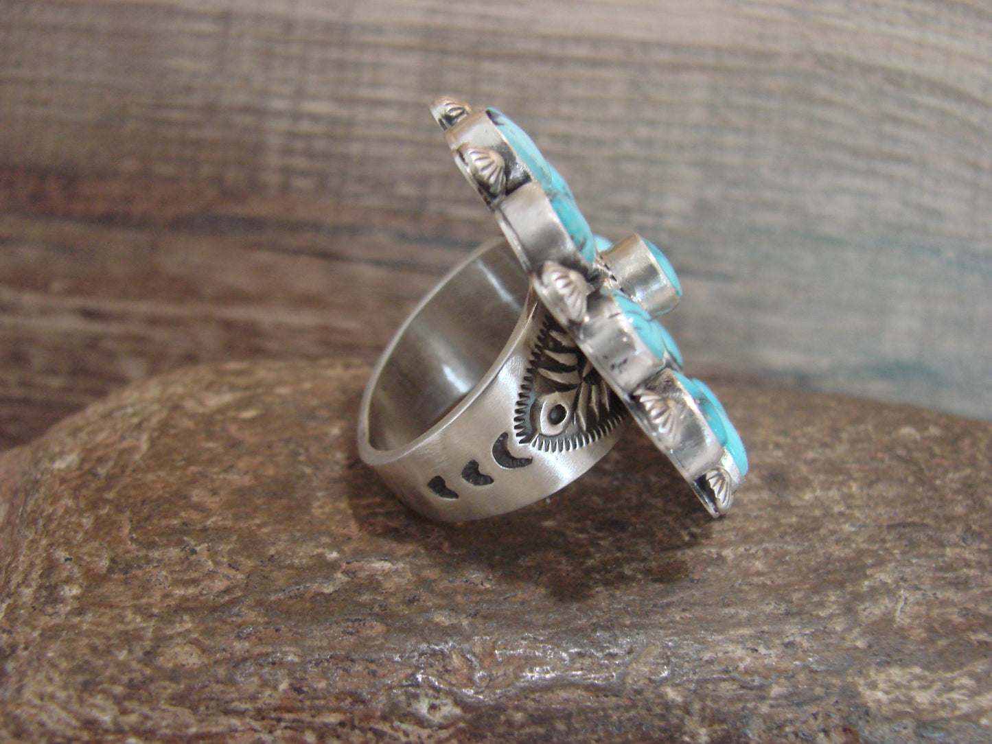 Native American Sterling Silver & Turquoise Cluster Ring - Lewis - Size 10