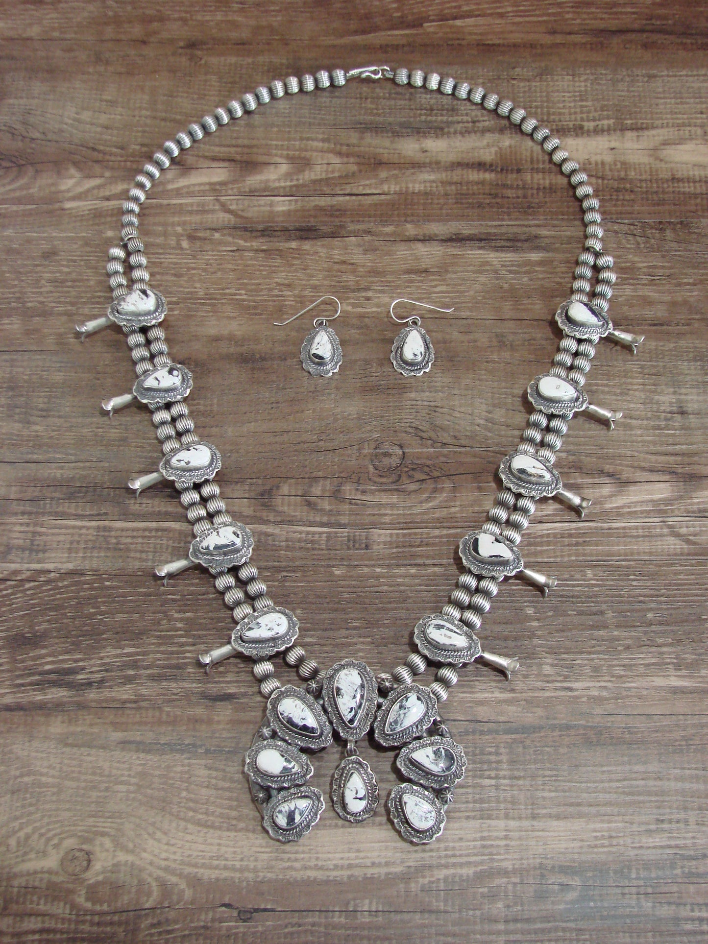 Native American Sterling Silver & White Buffalo Turquoise Squash Blossom Set by Francisco