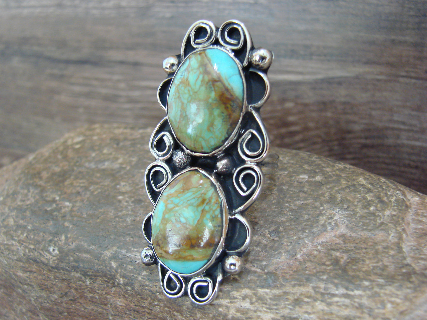 Native American Nickel Silver & Turquoise Adjustable Ring by Cleveland - Size 8 - 10