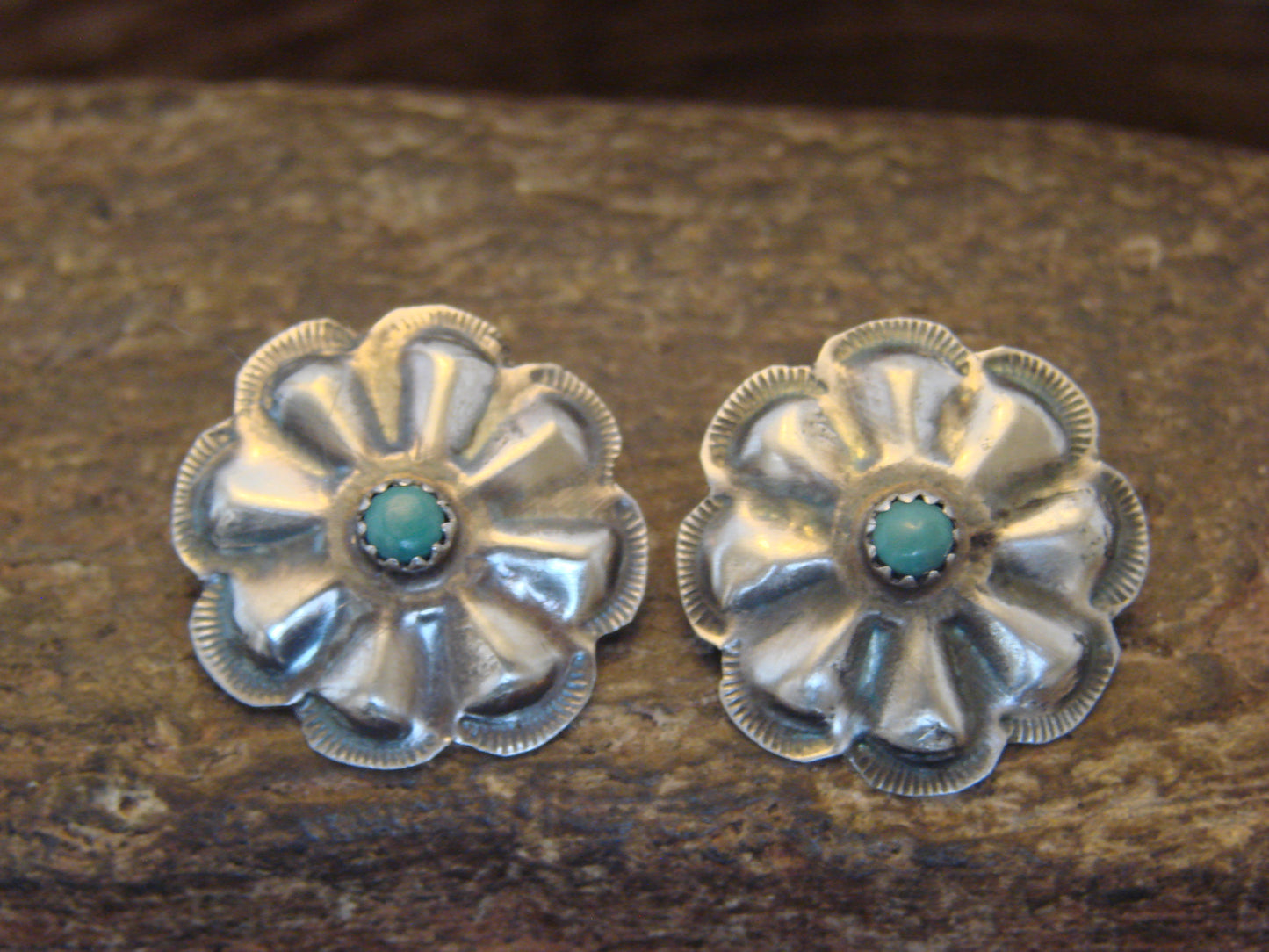 Native American Sterling Silver & Turquoise Concho Post Earrings - Begay