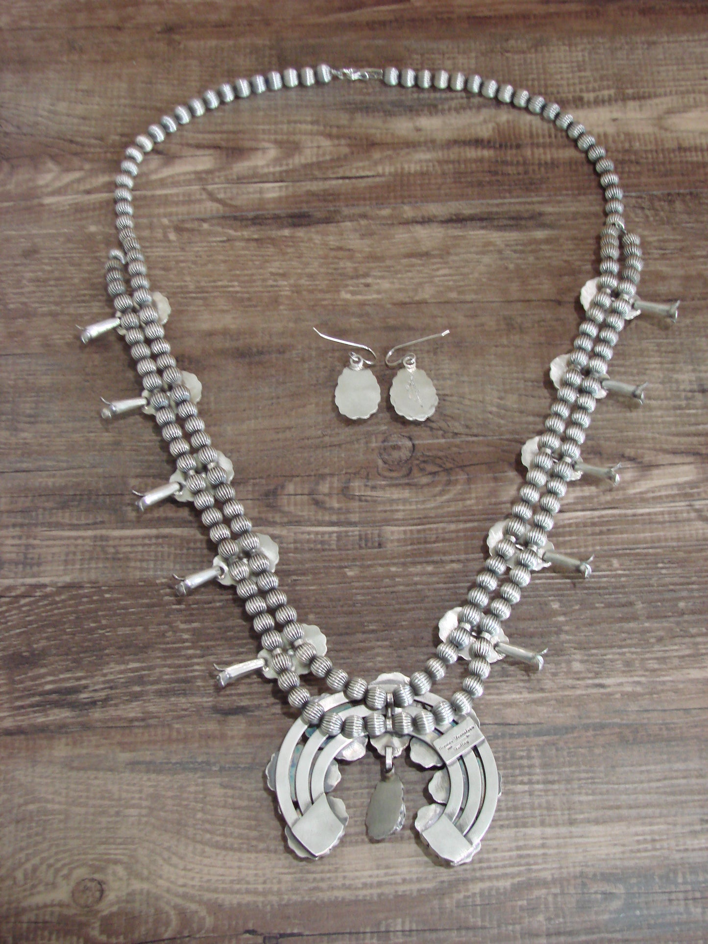 Native American Sterling Silver & White Buffalo Turquoise Squash Blossom Set by Francisco