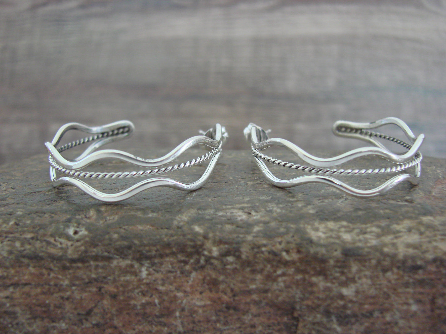 Native American Indian Sterling Silver 1 1/4" Twisted Hoop Earrings by Tahe