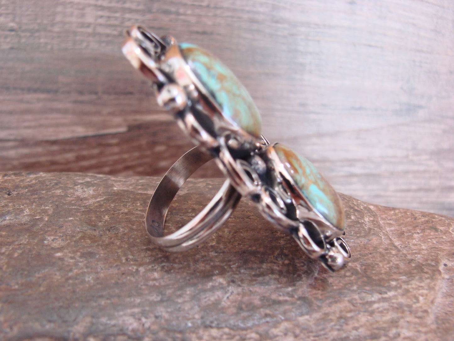 Native American Nickel Silver & Turquoise Adjustable Ring by Cleveland - Size 8 - 10