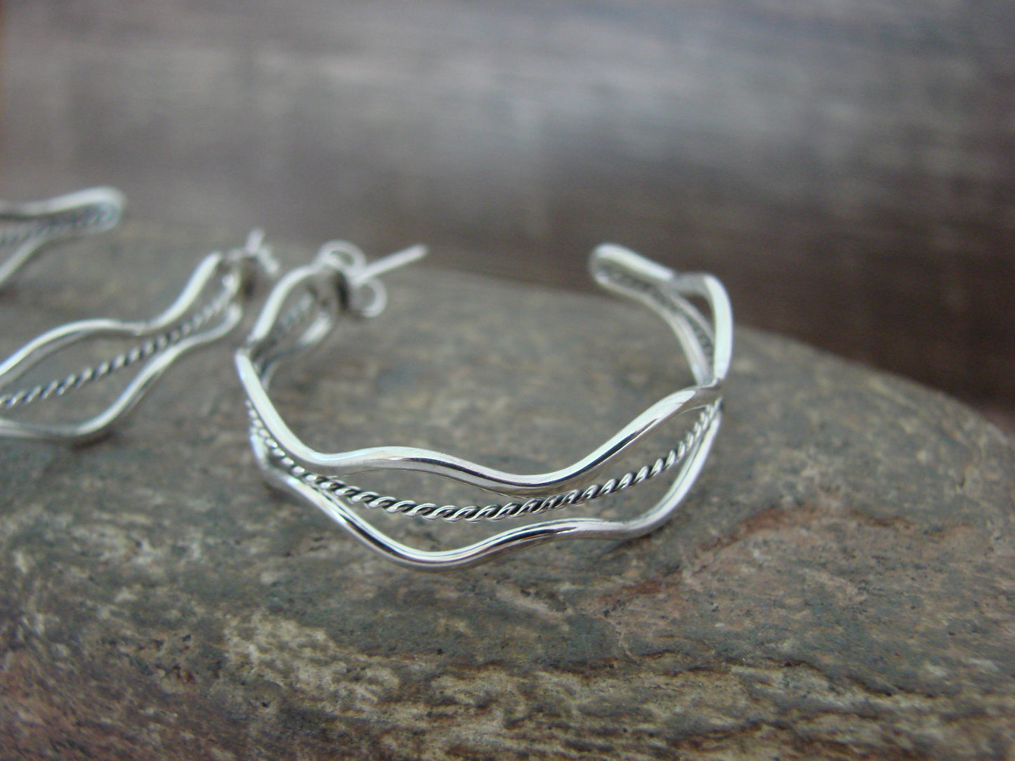 Native American Indian Sterling Silver 1 1/4" Twisted Hoop Earrings by Tahe