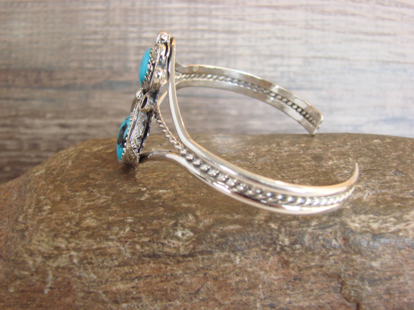 Native American Sterling Silver & Turquoise Feather Bracelet Signed Yazzie