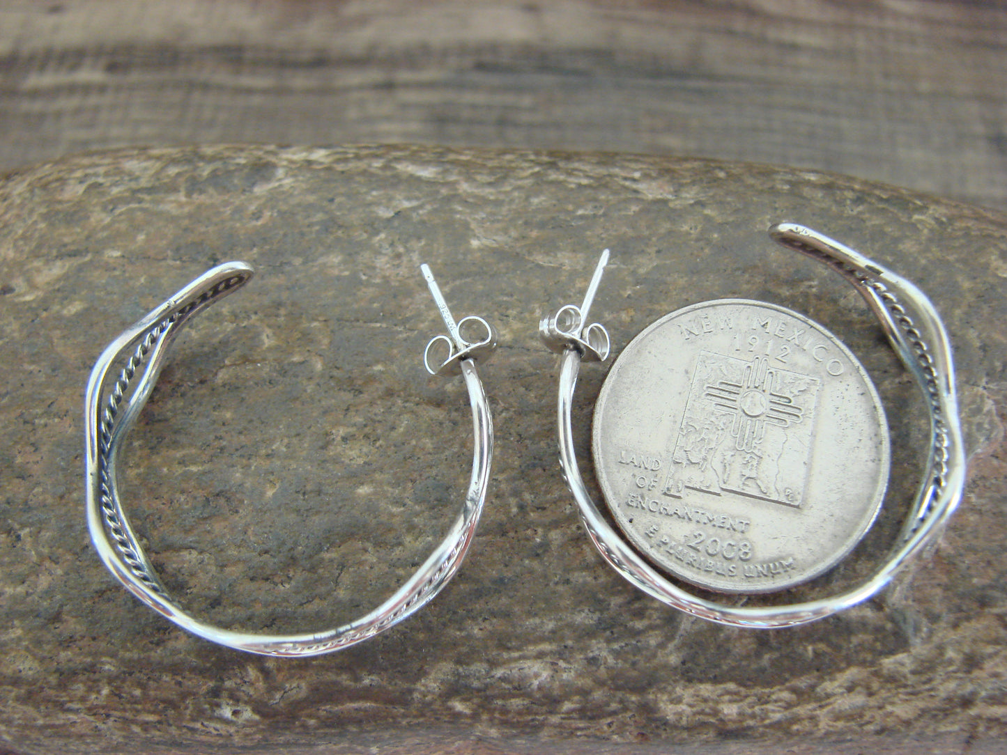 Native American Indian Sterling Silver 1 1/4" Twisted Hoop Earrings by Tahe