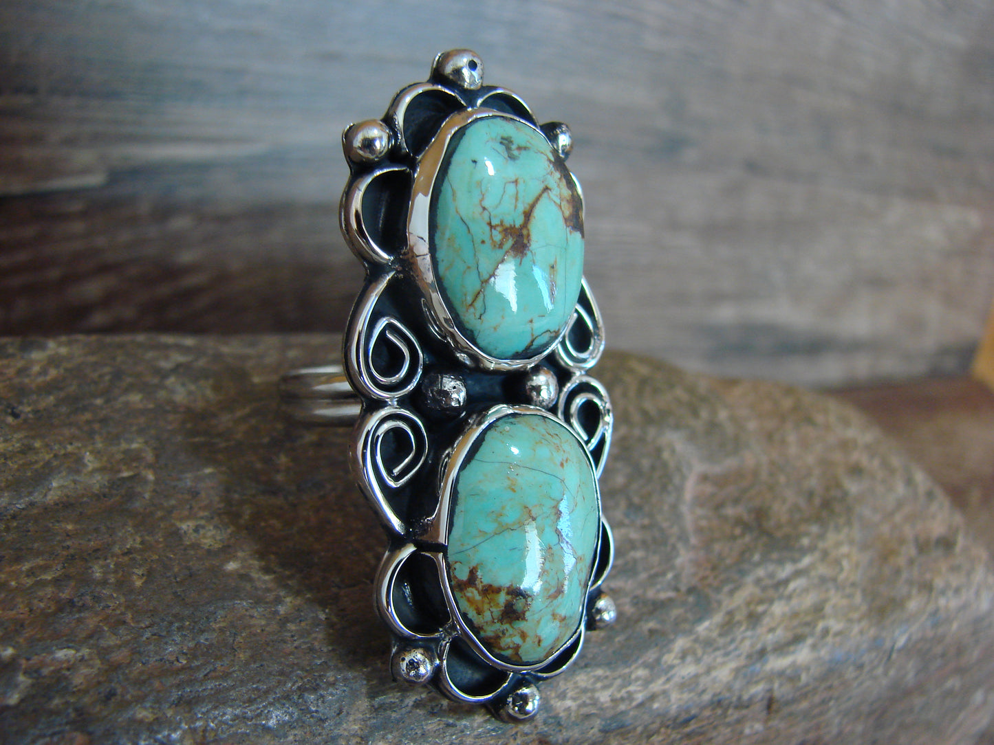 Native American Nickel Silver & Turquoise Adjustable Ring by Cleveland - Size 8 - 10