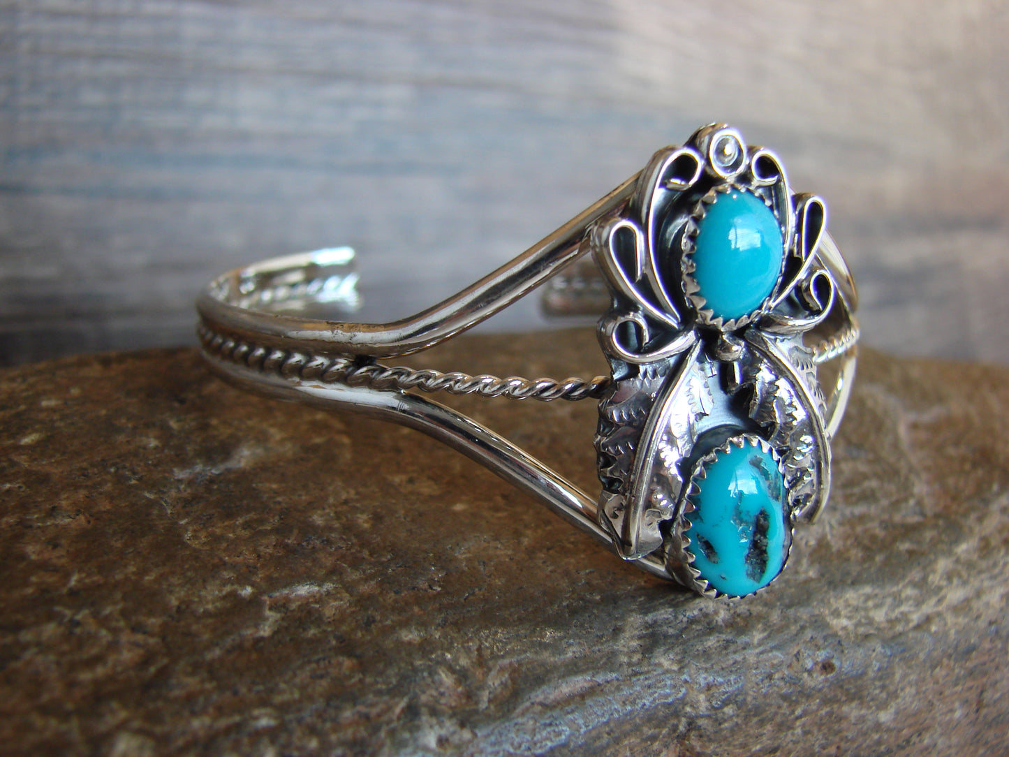 Native American Sterling Silver & Turquoise Feather Bracelet Signed Yazzie