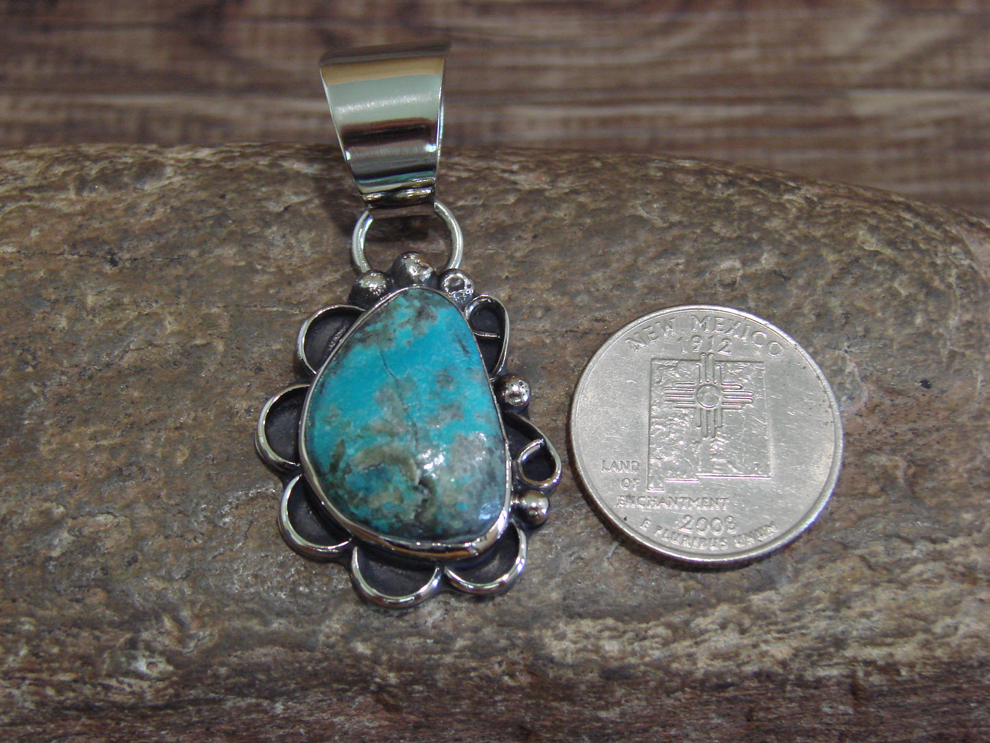 Native American Navajo Nickel Silver & Turquoise Pendant - Cleveland