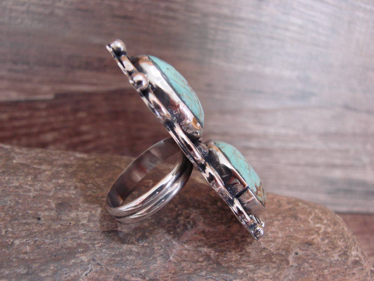 Native American Nickel Silver & Turquoise Adjustable Ring by Cleveland - Size 8 - 10