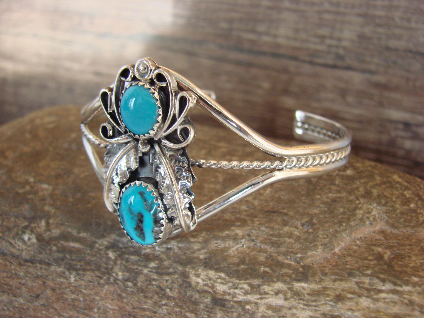 Native American Sterling Silver & Turquoise Feather Bracelet Signed Yazzie