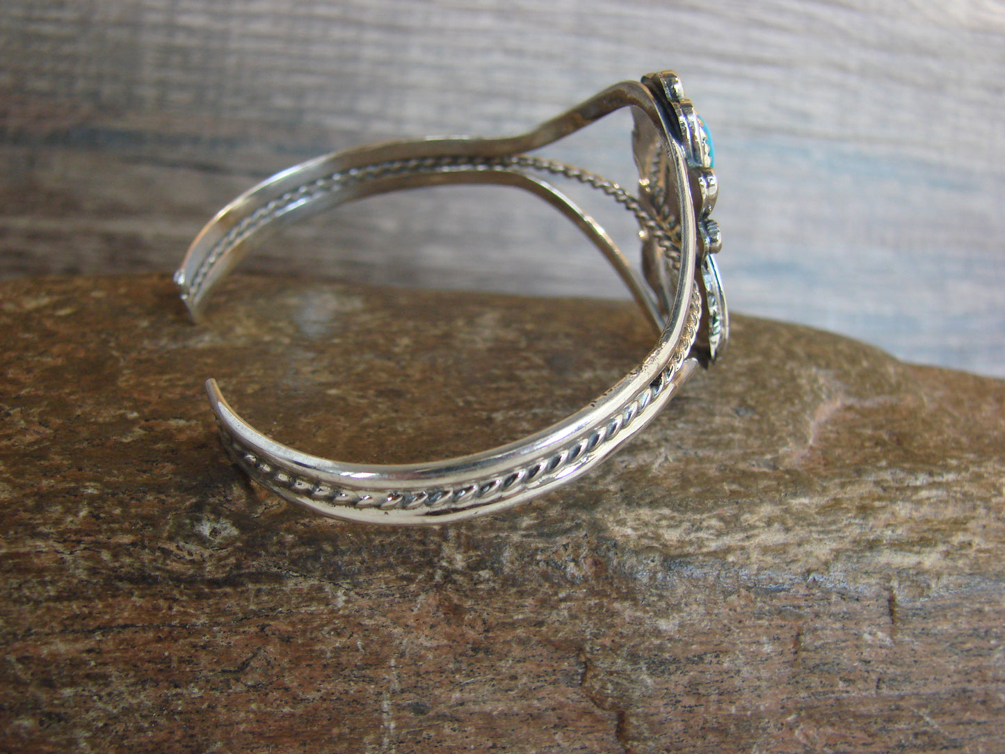 Native American Sterling Silver & Turquoise Feather Bracelet Signed Yazzie
