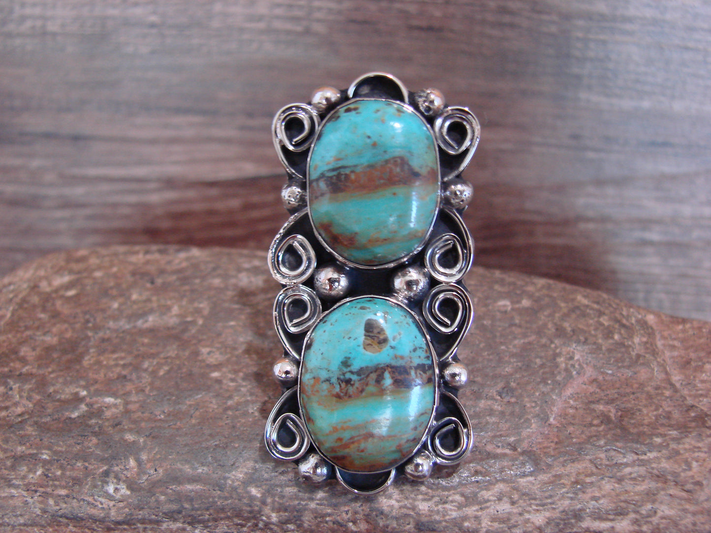 Native American Nickel Silver & Turquoise Adjustable Ring by Cleveland - Size 8 - 10