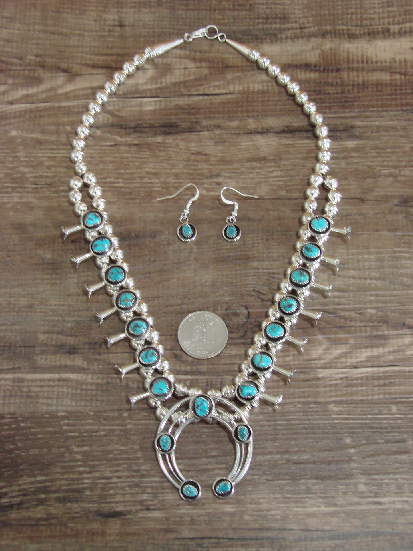 Native American Sterling Silver Turquoise Squash Blossom Set by Garcia