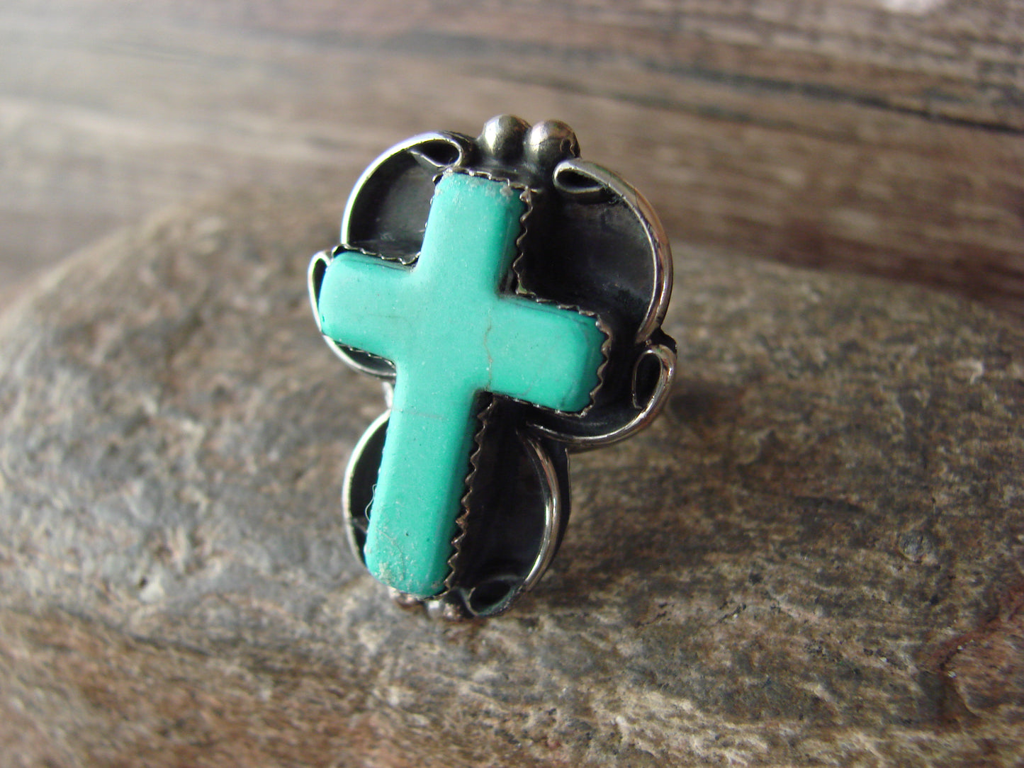 Native American Nickel Silver & Turquoise Cross Ring by Tolta - Size 6
