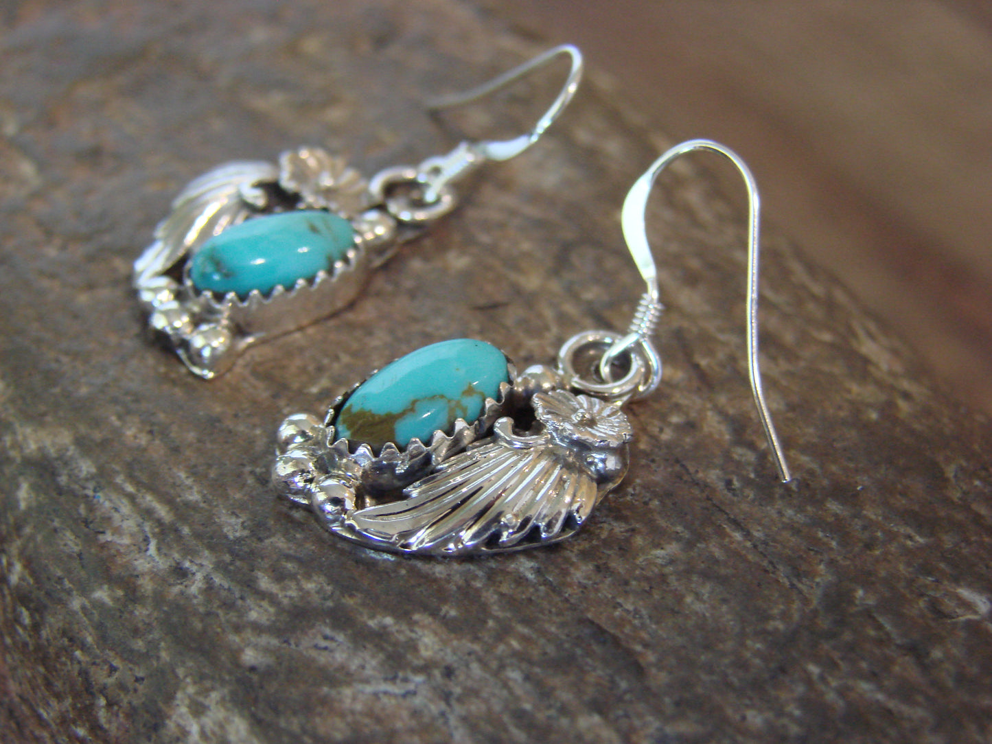 Native American Sterling Silver Turquoise Floral Earrings Dinetso