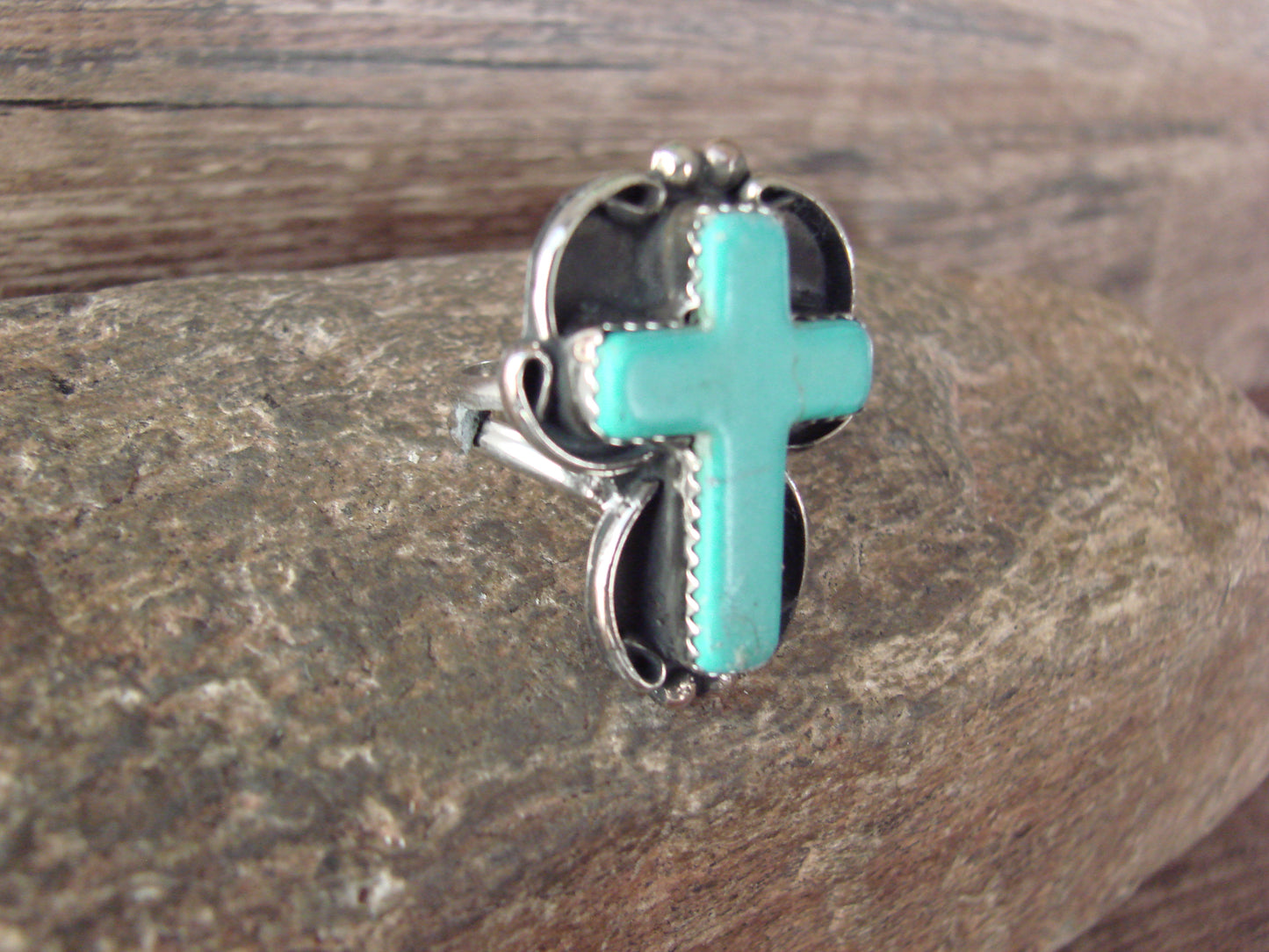 Native American Nickel Silver & Turquoise Cross Ring by Tolta - Size 6