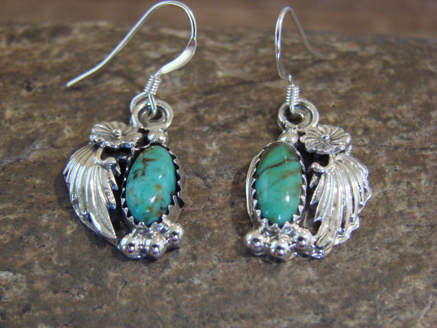 Native American Sterling Silver Turquoise Floral Earrings Dinetso