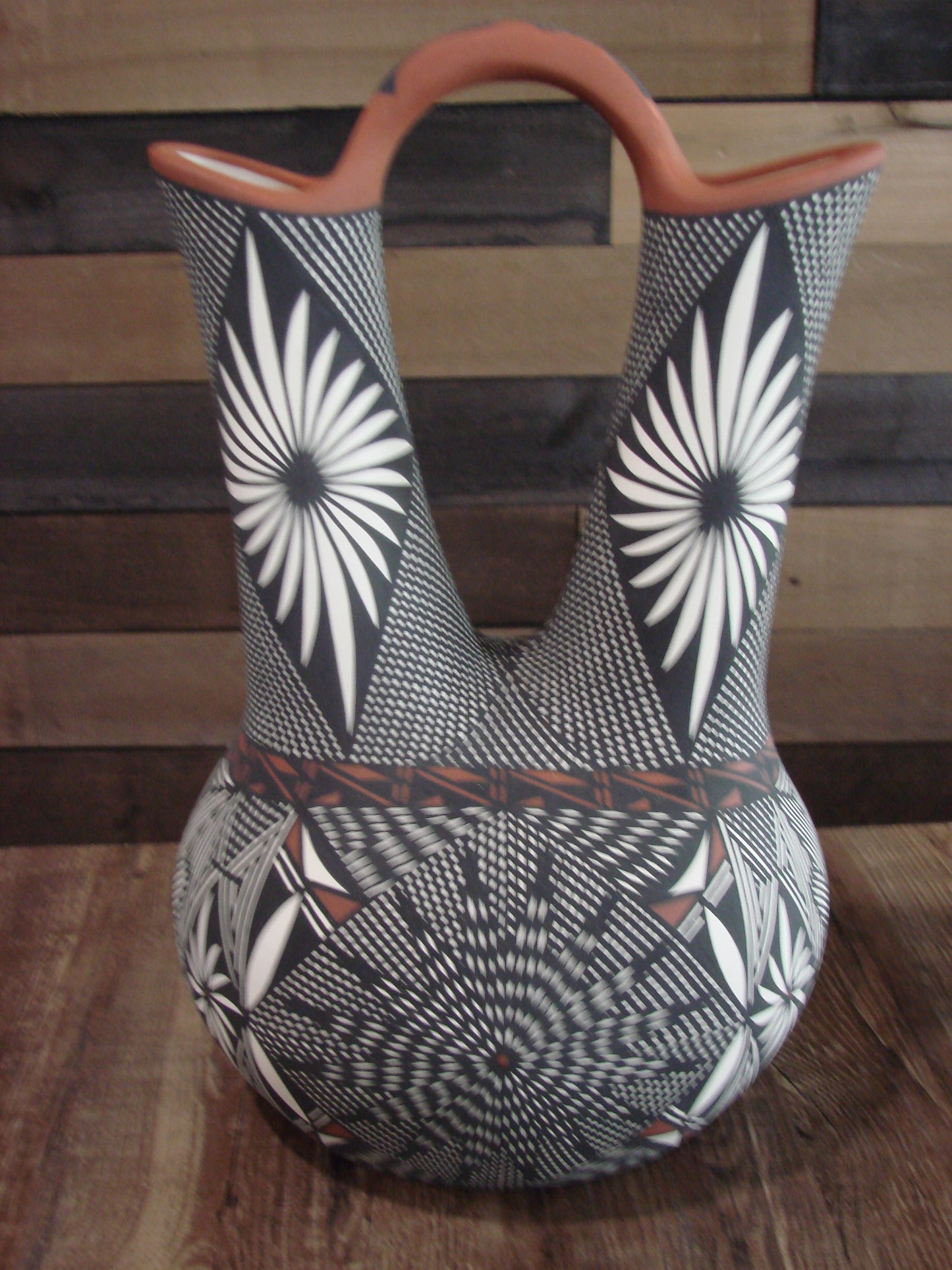 Native American Acoma Pueblo Fine Line Hand Painted Wedding Vase by Vallo