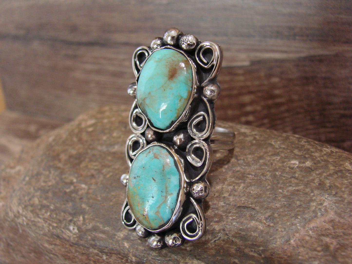 Native American Nickel Silver & Turquoise Adjustable Ring by Cleveland - Size 8 - 10