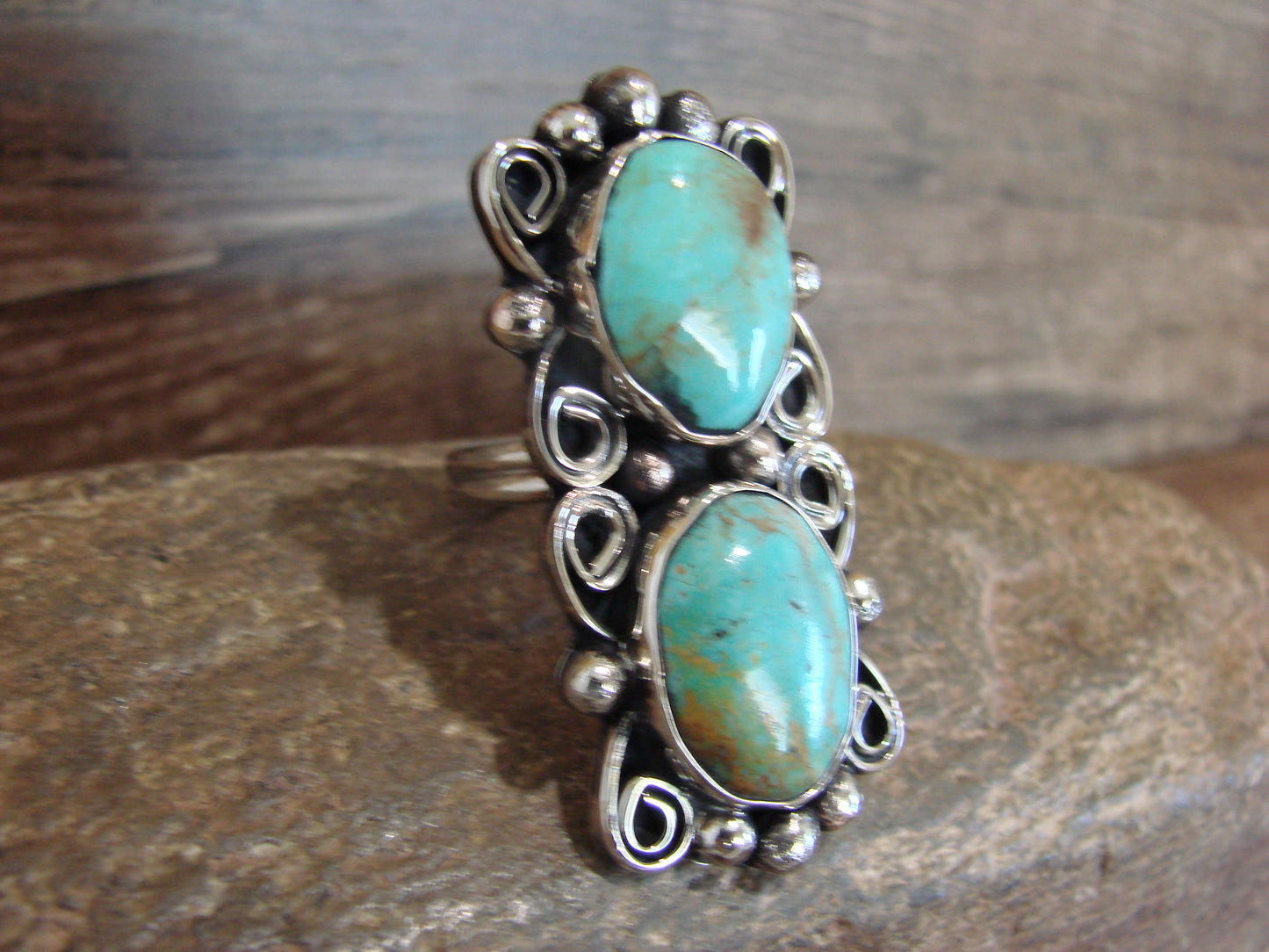 Native American Nickel Silver & Turquoise Adjustable Ring by Cleveland - Size 8 - 10