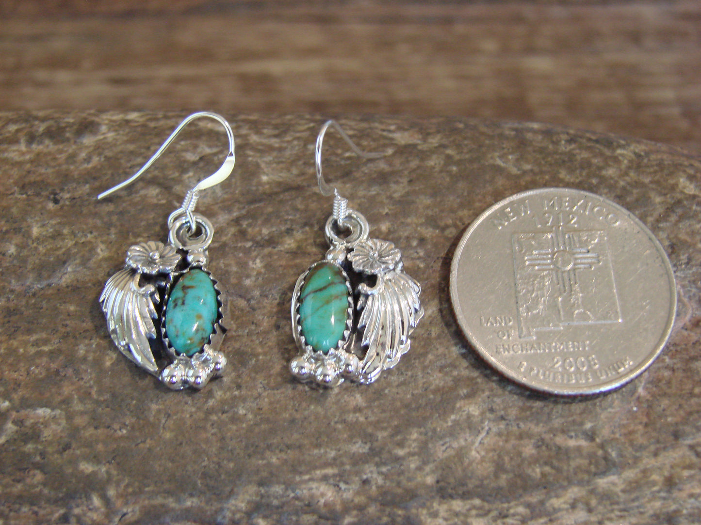 Native American Sterling Silver Turquoise Floral Earrings Dinetso