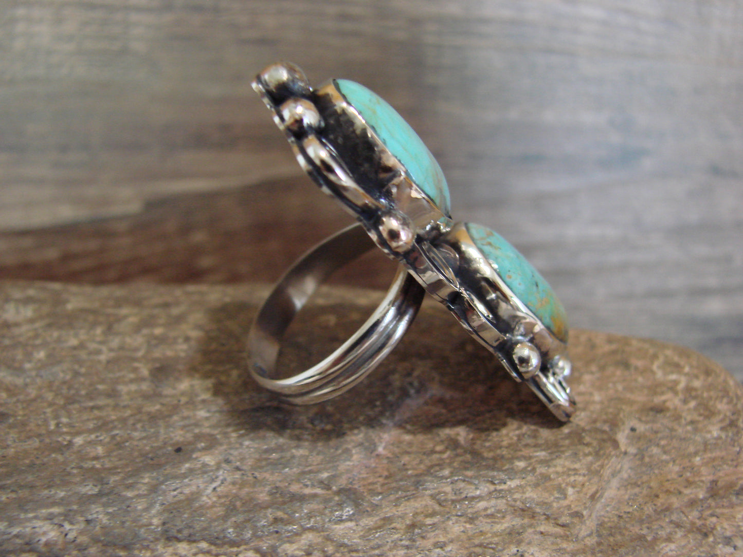 Native American Nickel Silver & Turquoise Adjustable Ring by Cleveland - Size 8 - 10