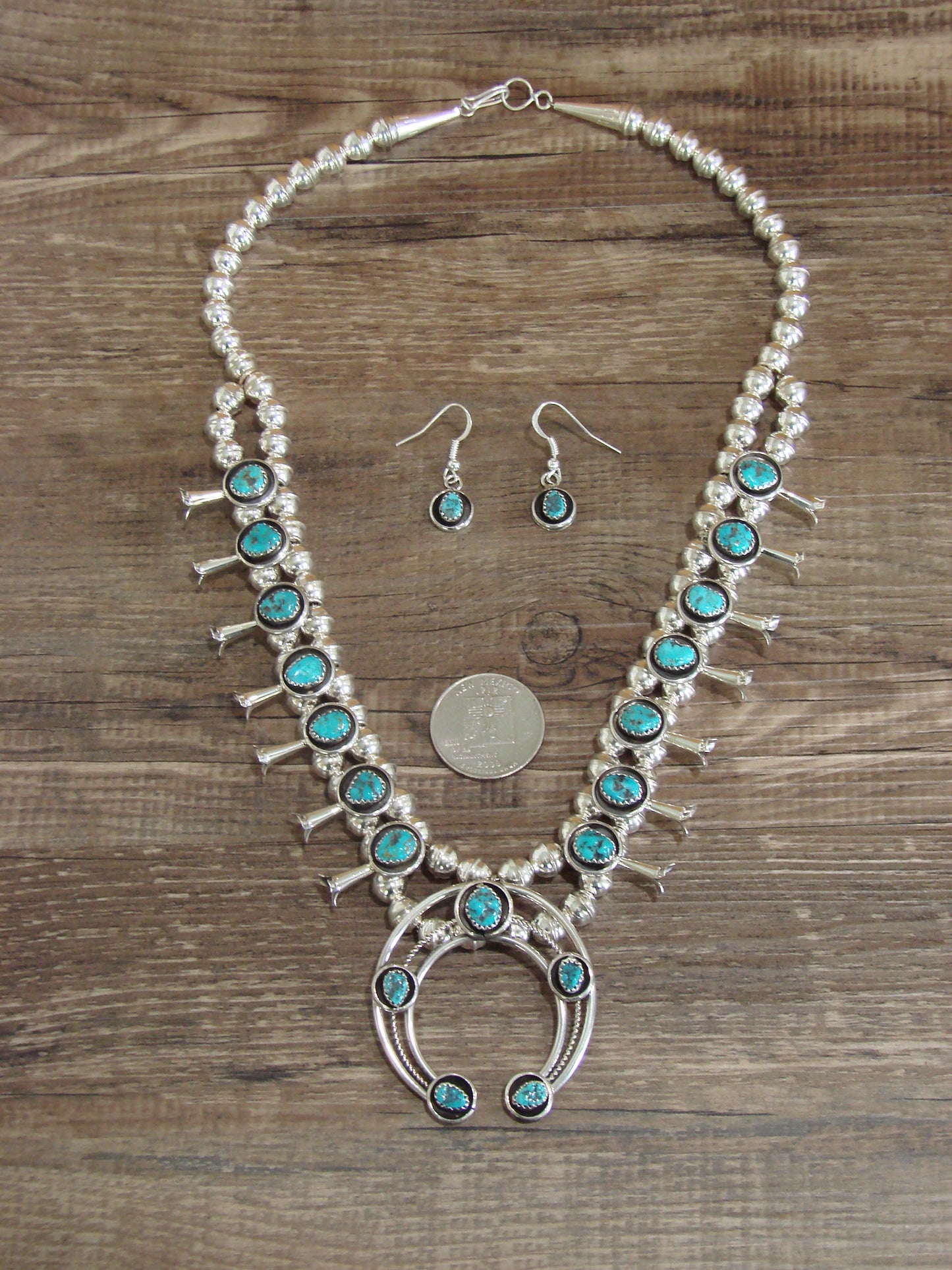 Native American Sterling Silver Turquoise Squash Blossom Set by Garcia
