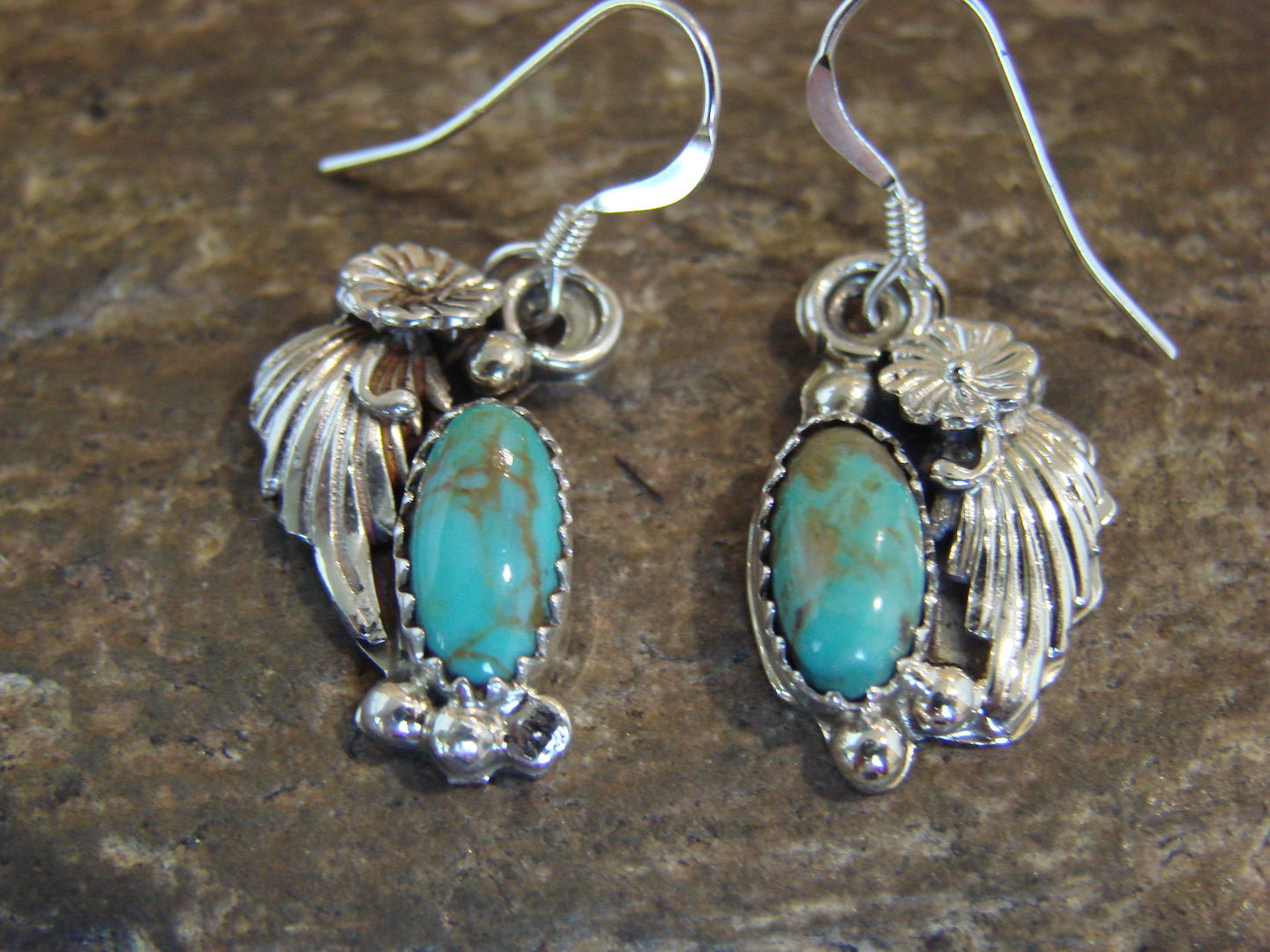 Native American Sterling Silver Turquoise Floral Earrings Dinetso