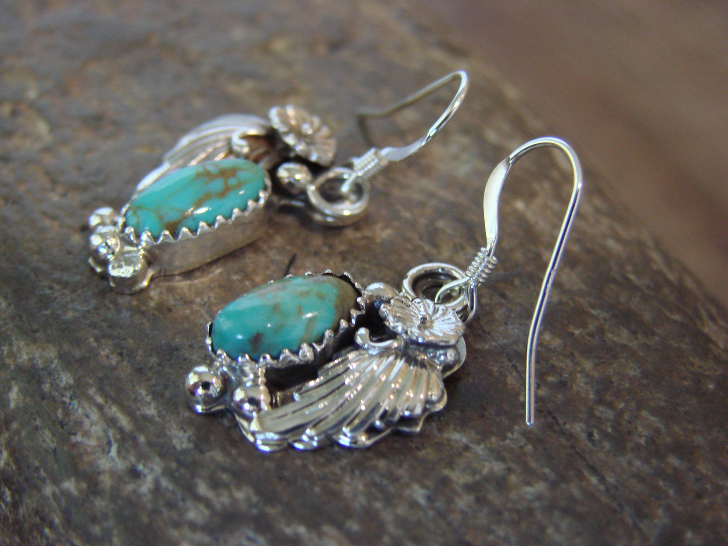 Native American Sterling Silver Turquoise Floral Earrings Dinetso