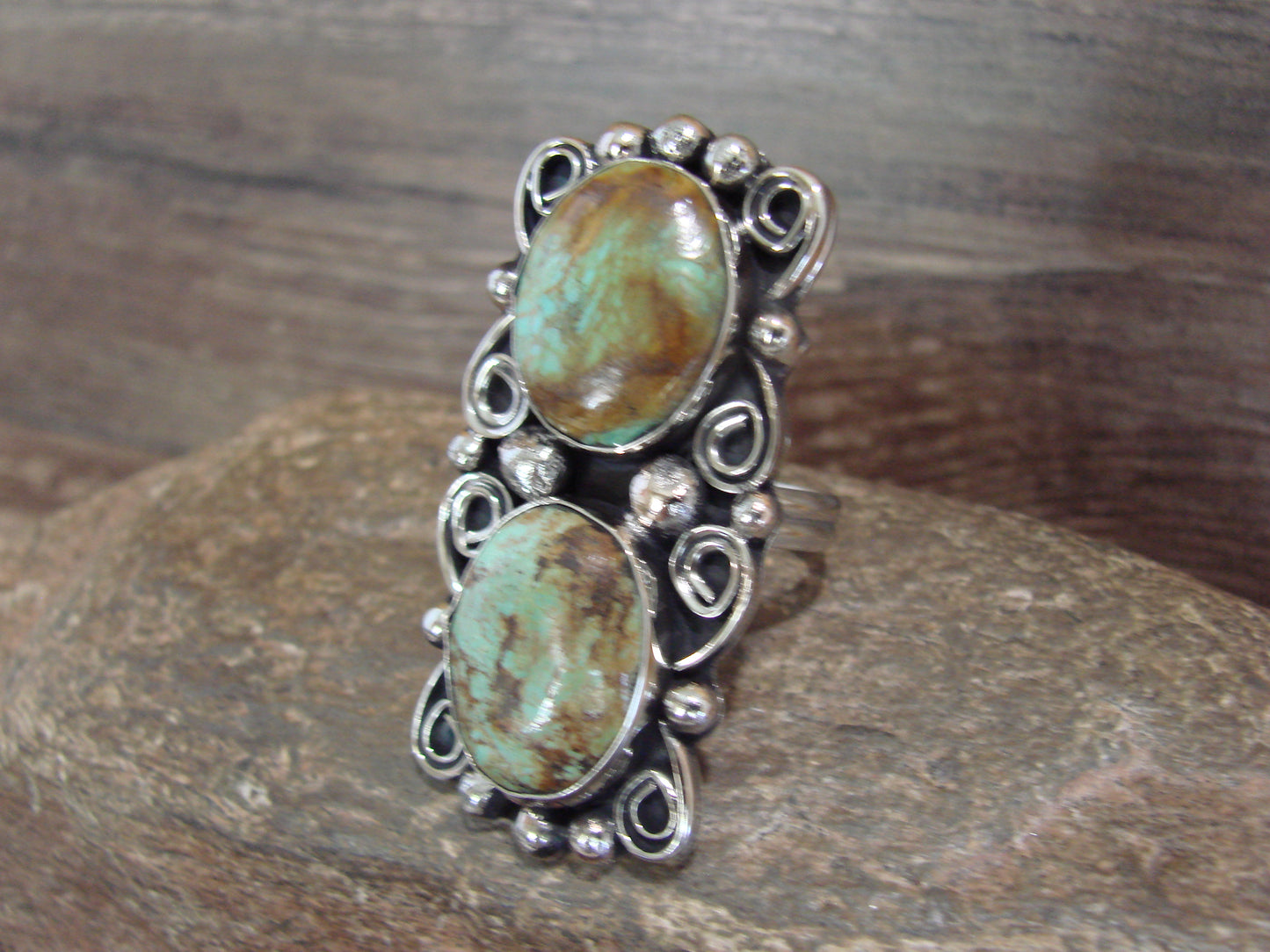 Native American Nickel Silver & Turquoise Adjustable Ring by Cleveland - Size 8 - 10