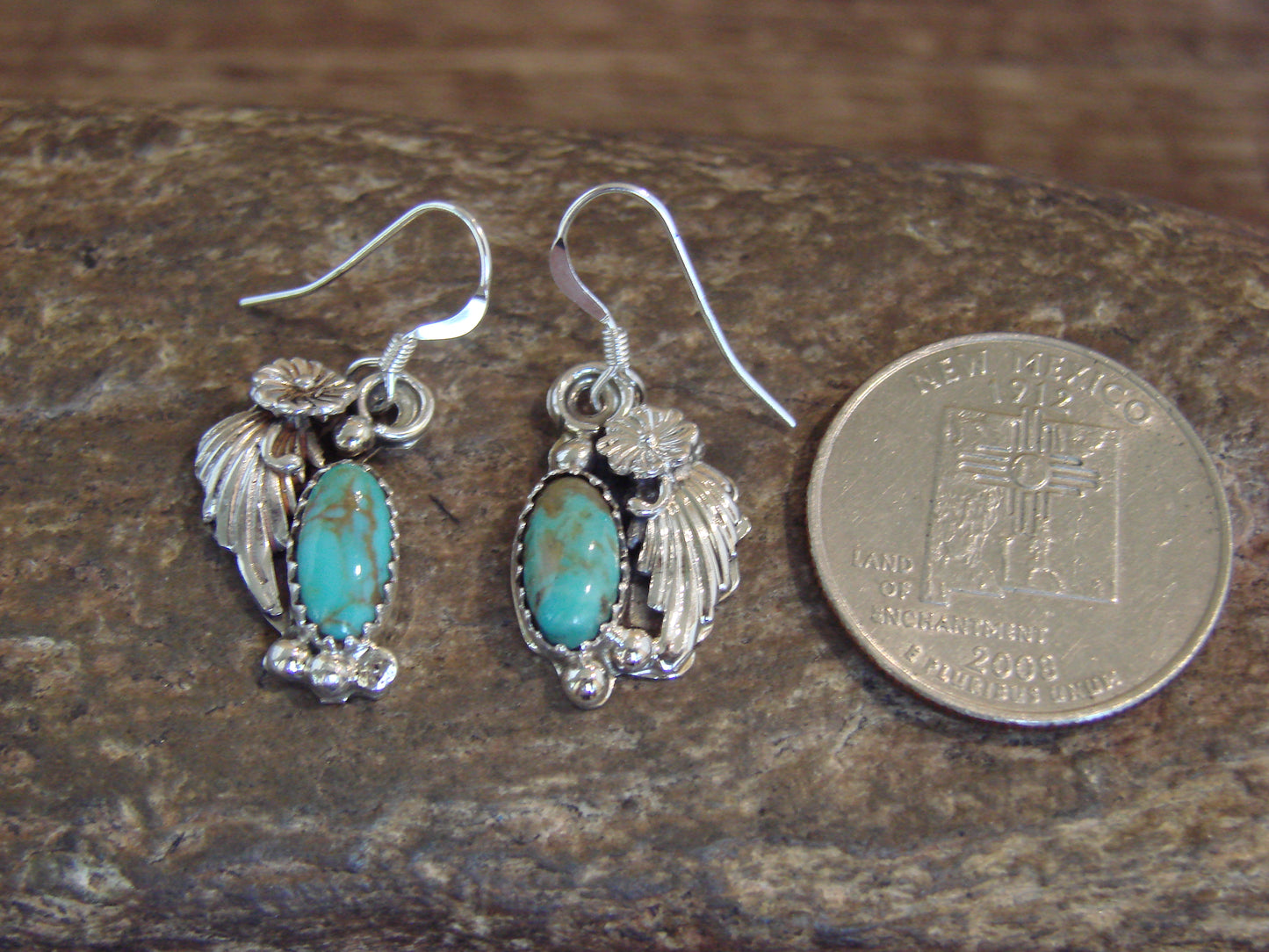 Native American Sterling Silver Turquoise Floral Earrings Dinetso