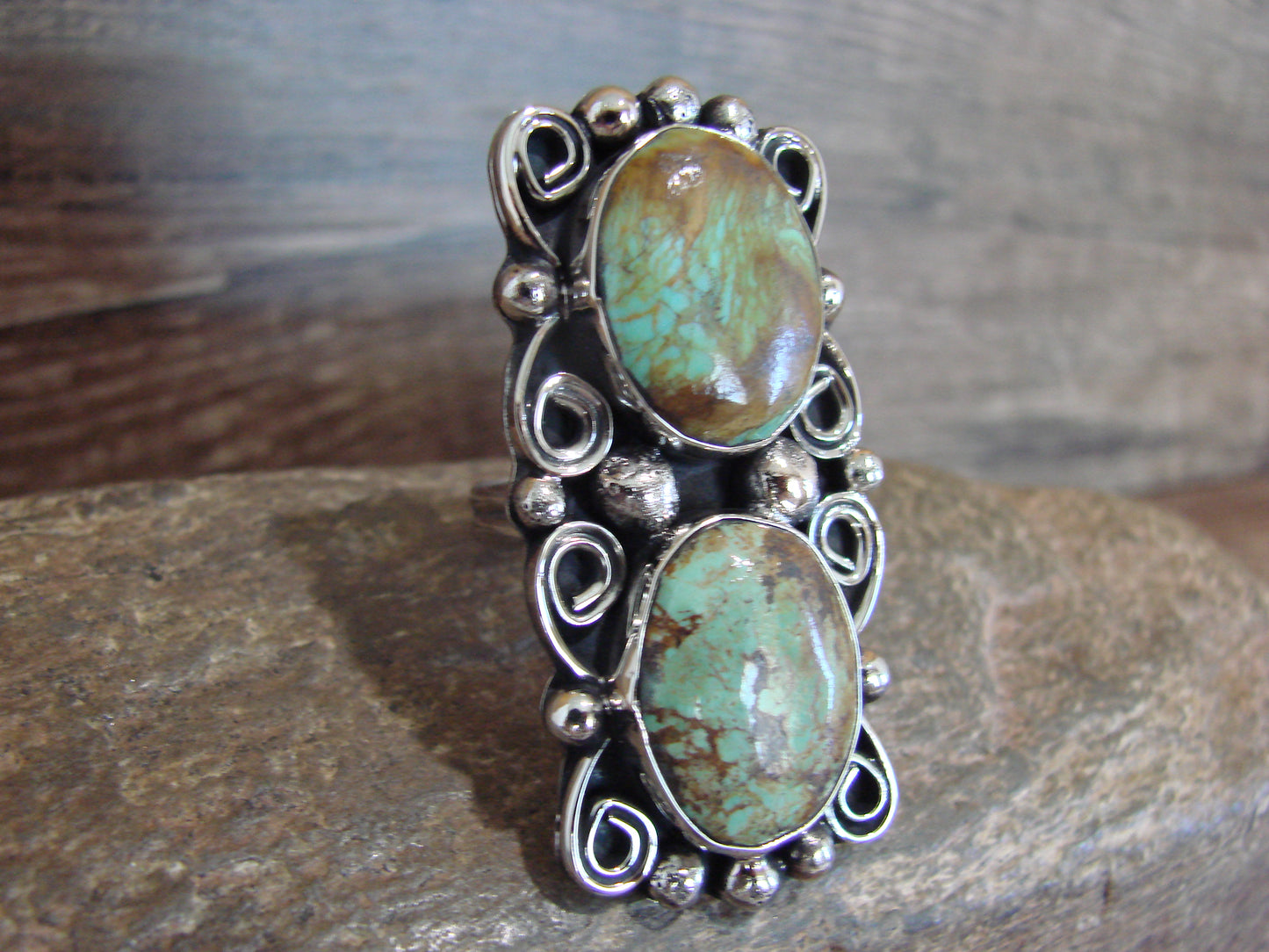 Native American Nickel Silver & Turquoise Adjustable Ring by Cleveland - Size 8 - 10