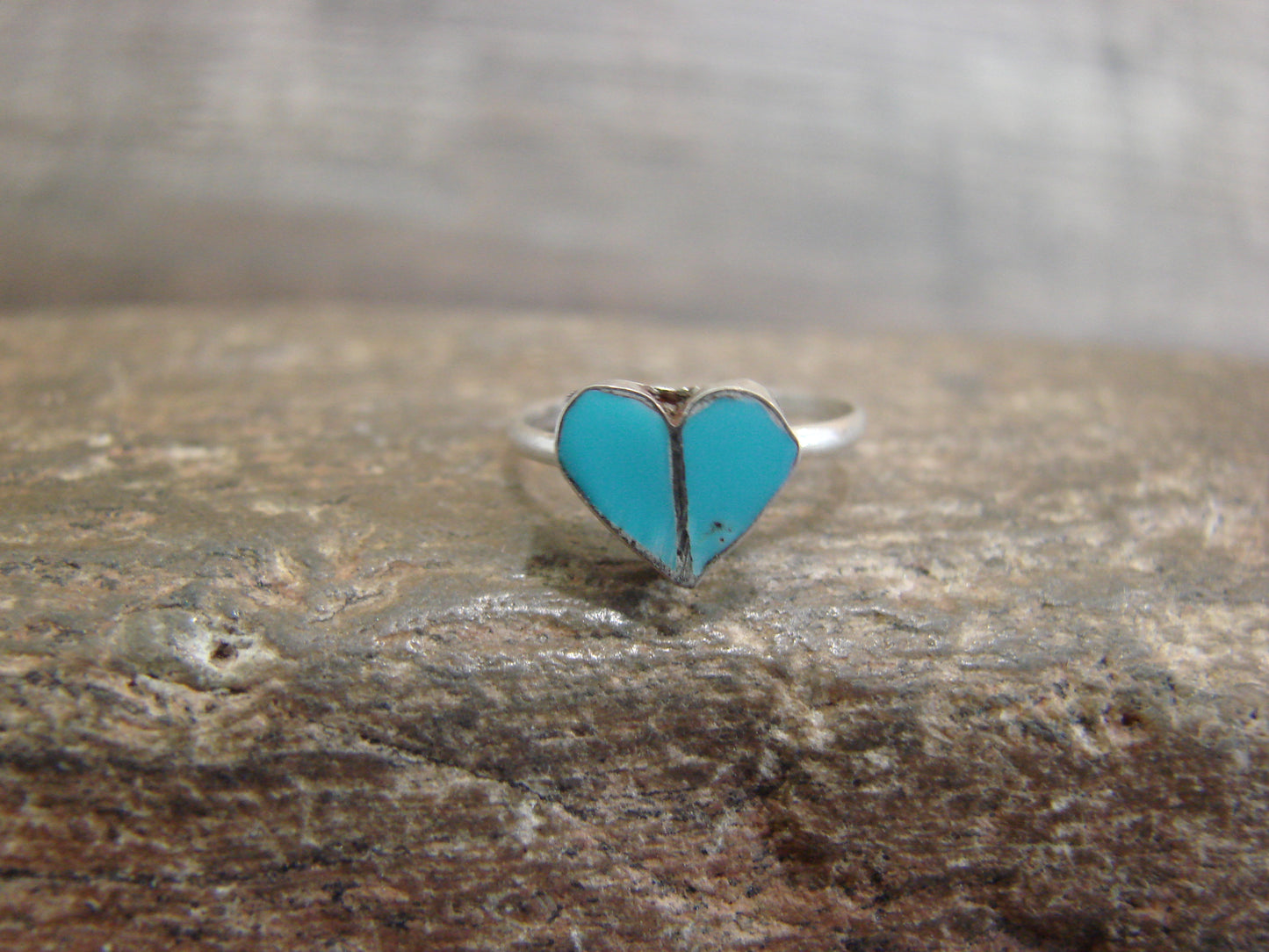 Native American Sterling Silver & Turquoise Inlay Heart Ring by Neha - Size 2