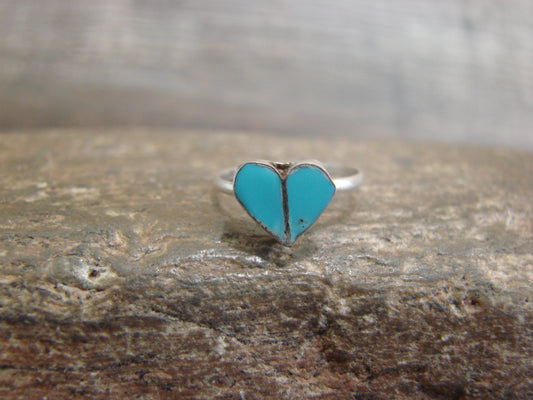 Native American Sterling Silver & Turquoise Inlay Heart Ring by Neha - Size 2