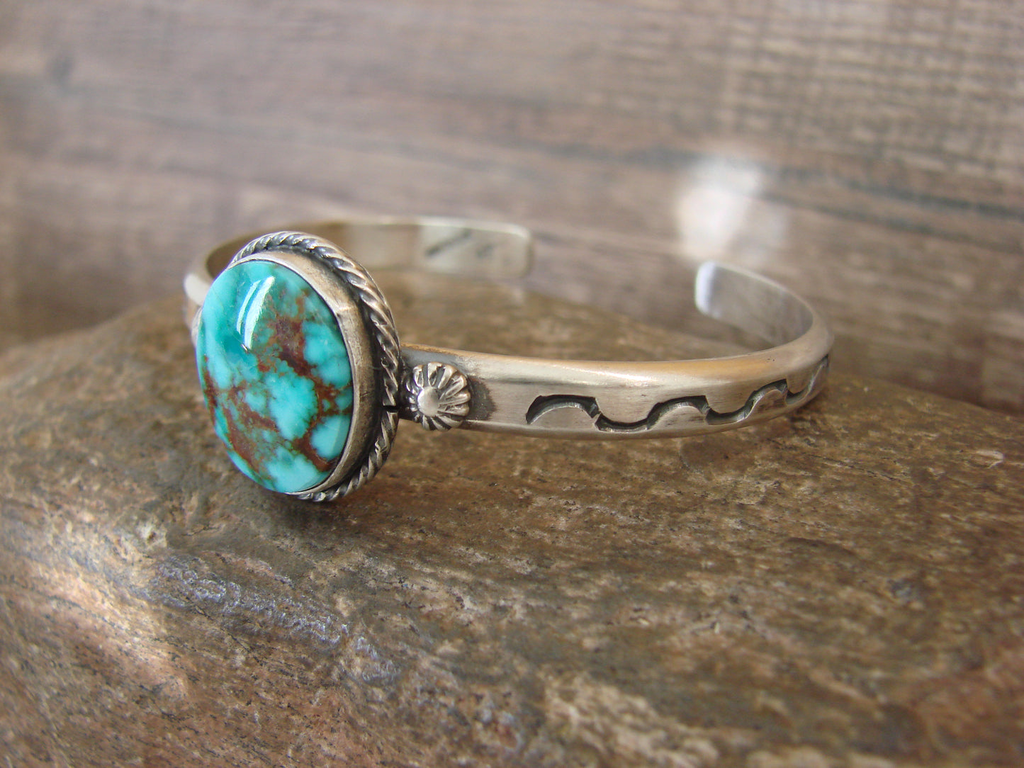 Native American Sterling Silver & Sonoran Turquoise Bracelet Signed SY